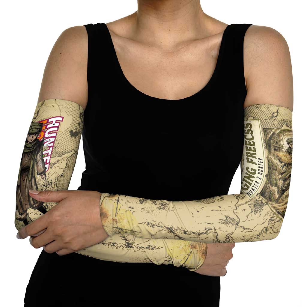 Ging Freecss Theme Desert Explorer Design Arm Sleeves with Ancient Map Background and Adventure Card Artwork - The Mazicc