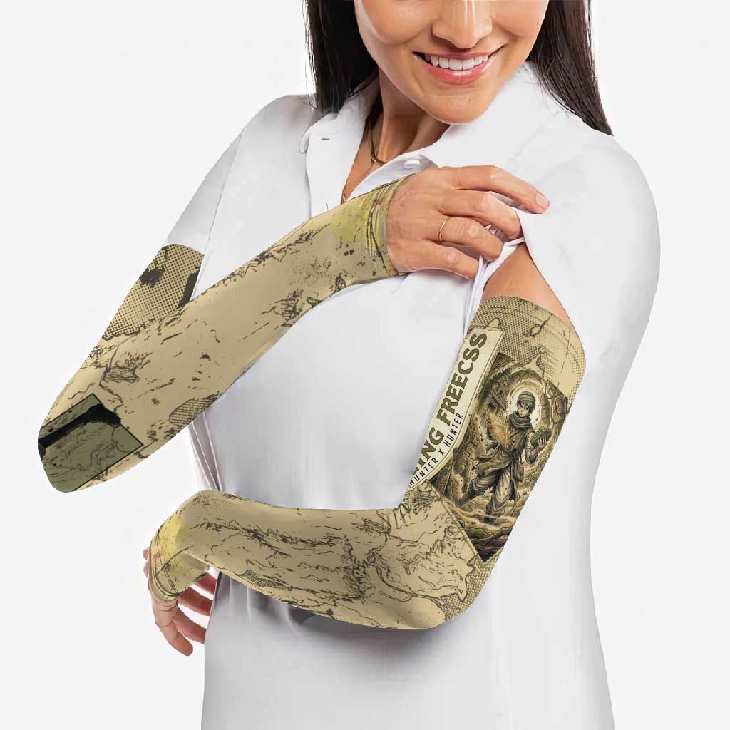 Ging Freecss Theme Desert Explorer Design Arm Sleeves with Ancient Map Background and Adventure Card Artwork - The Mazicc