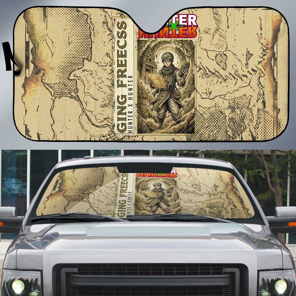 Ging Freecss Theme Desert Explorer Design Auto Sun Shade with Ancient Map Background and Adventure Card Artwork - The Mazicc