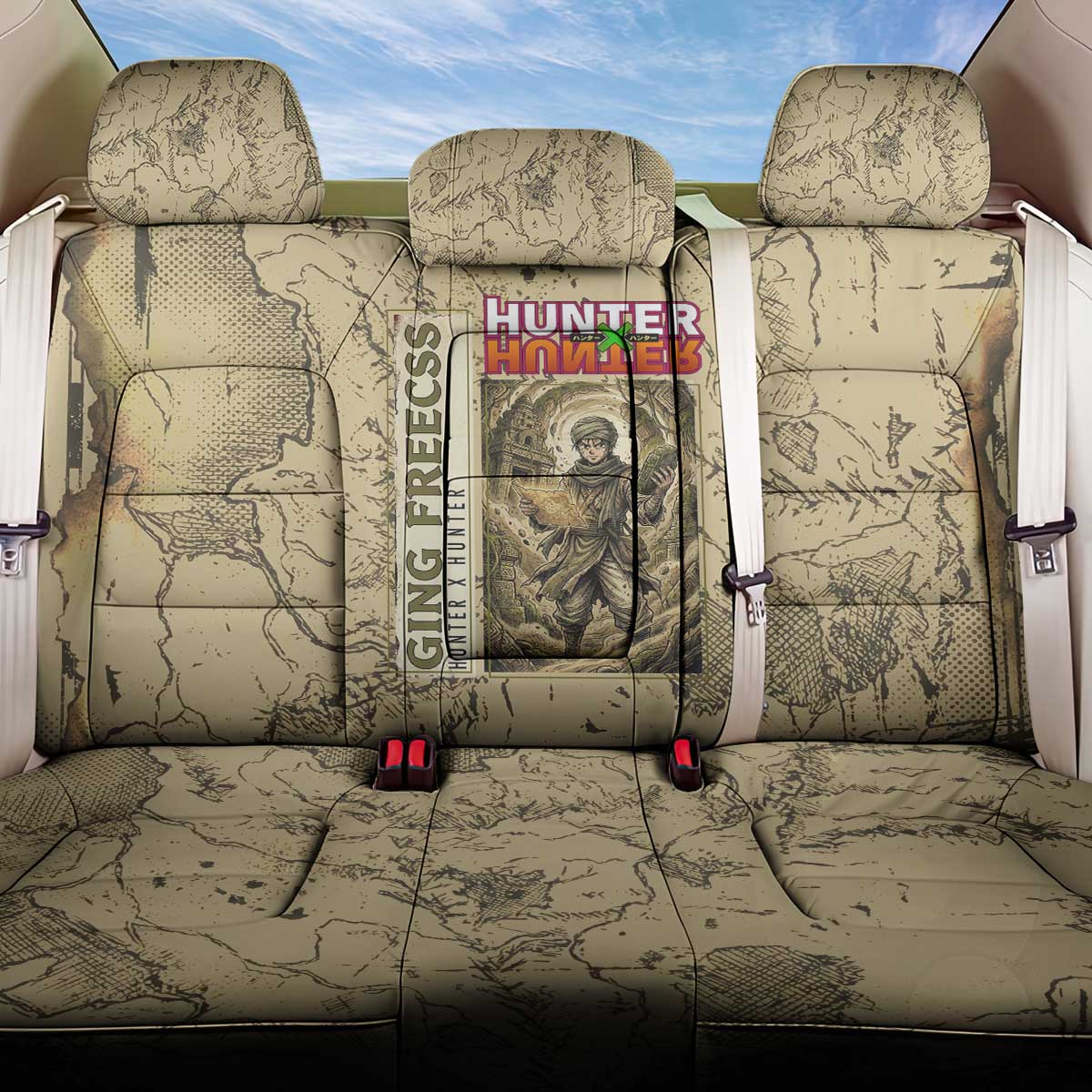 Ging Freecss Theme Desert Explorer Design Back Car Seat Cover with Ancient Map Background and Adventure Card Artwork - The Mazicc