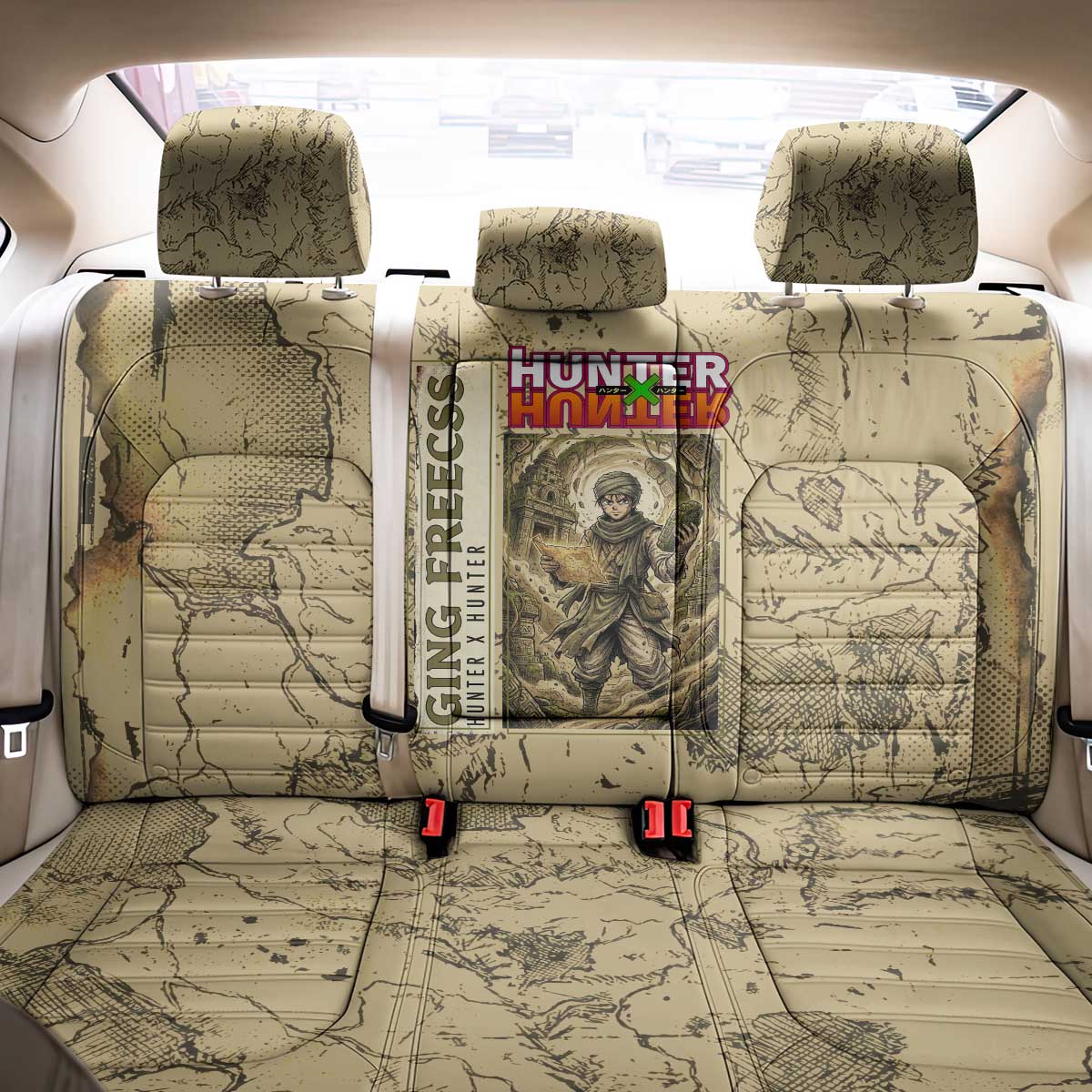 Ging Freecss Theme Desert Explorer Design Back Car Seat Cover with Ancient Map Background and Adventure Card Artwork - The Mazicc
