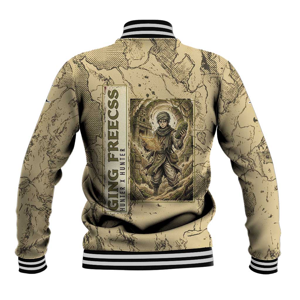 Ging Freecss Theme Desert Explorer Design Baseball Jacket with Ancient Map Background and Adventure Card Artwork - The Mazicc