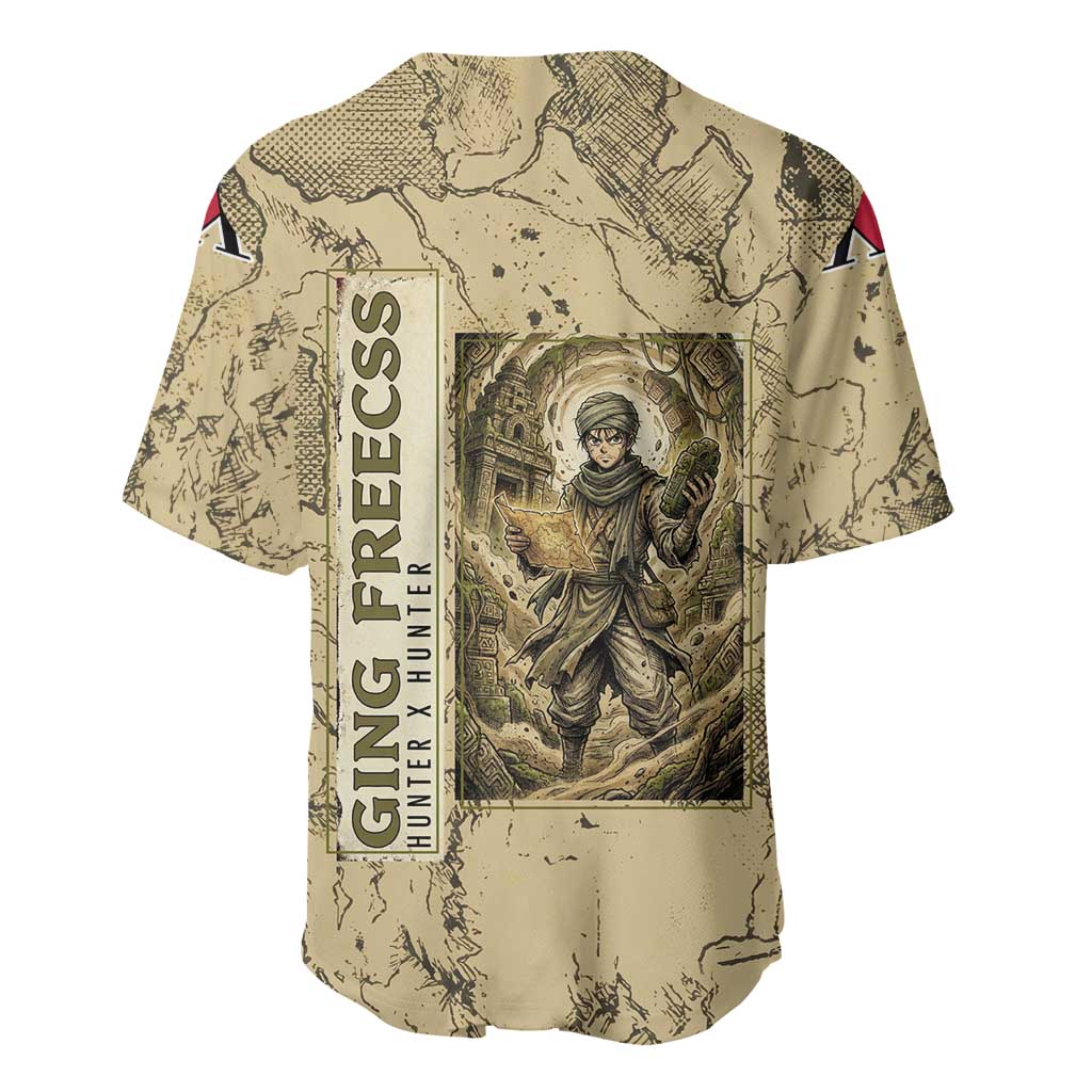 Ging Freecss Theme Desert Explorer Design Baseball Jersey with Ancient Map Background and Adventure Card Artwork - The Mazicc