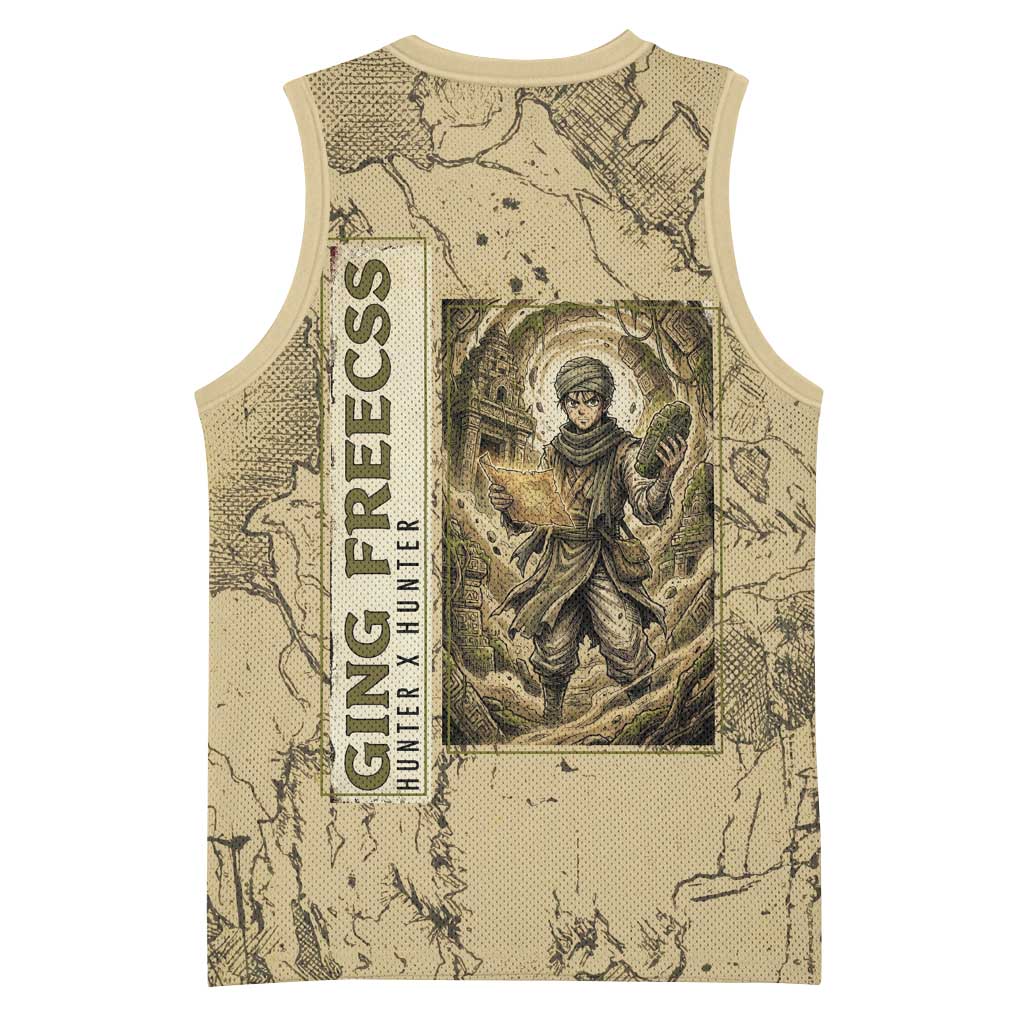 Ging Freecss Theme Desert Explorer Design Basketball Jersey with Ancient Map Background and Adventure Card Artwork - The Mazicc