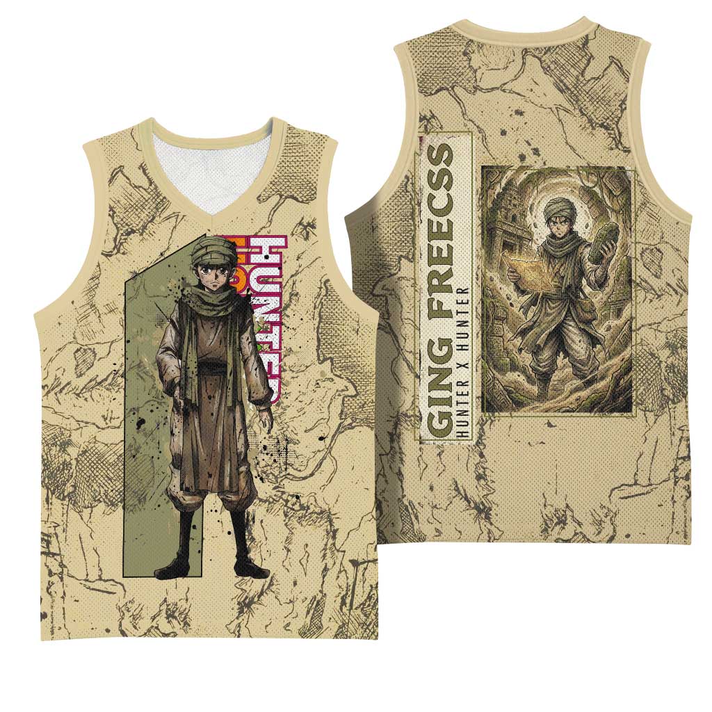 Ging Freecss Theme Desert Explorer Design Basketball Jersey with Ancient Map Background and Adventure Card Artwork - The Mazicc
