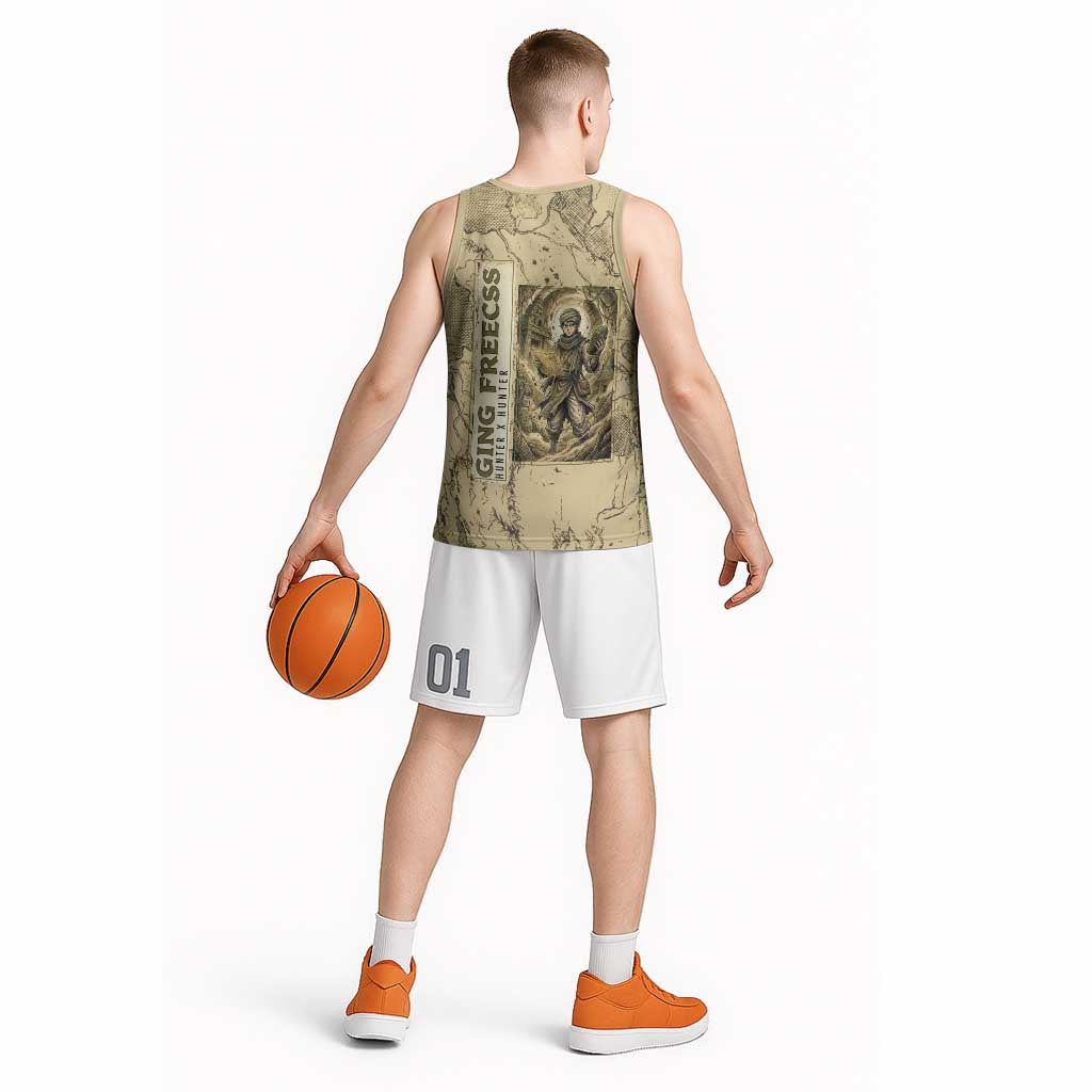 Ging Freecss Theme Desert Explorer Design Basketball Jersey with Ancient Map Background and Adventure Card Artwork - The Mazicc