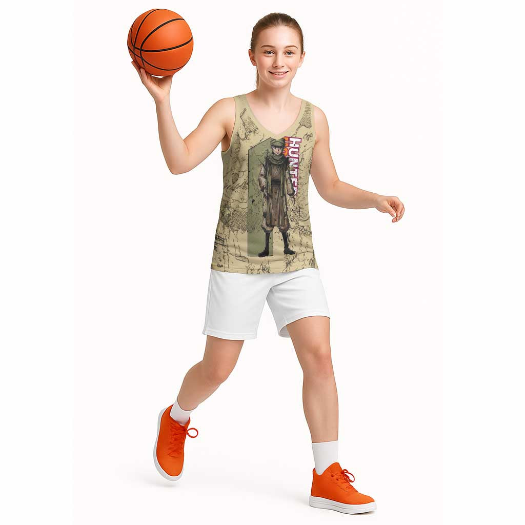 Ging Freecss Theme Desert Explorer Design Basketball Jersey with Ancient Map Background and Adventure Card Artwork - The Mazicc