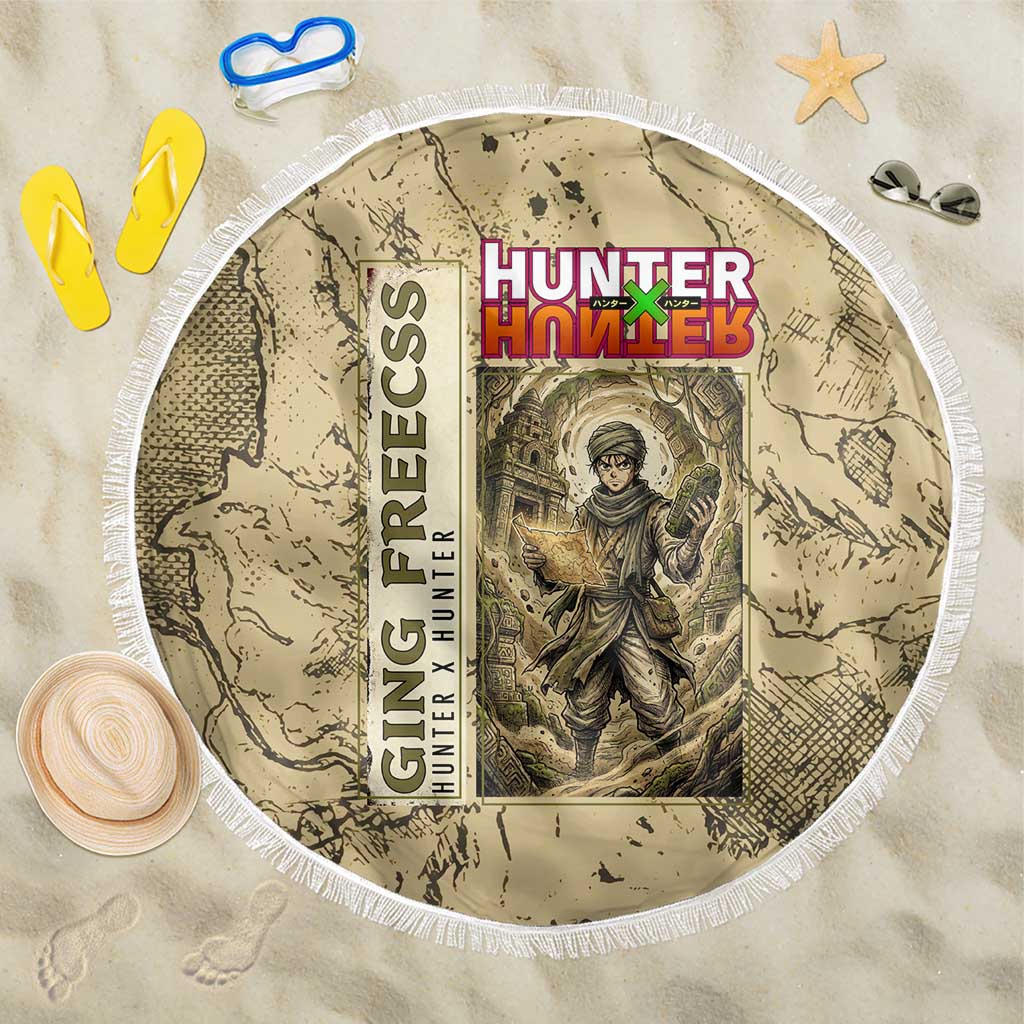 Ging Freecss Theme Desert Explorer Design Beach Blanket with Ancient Map Background and Adventure Card Artwork - The Mazicc