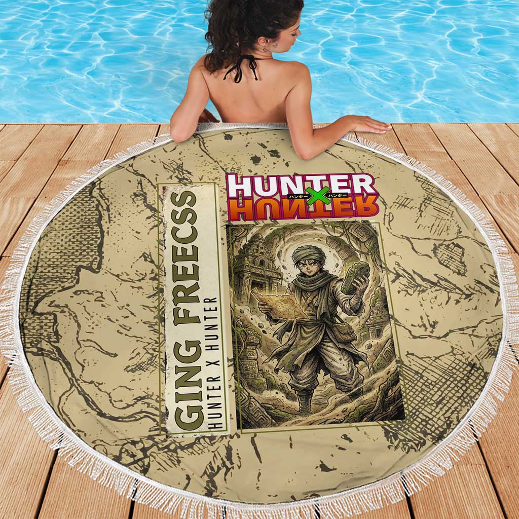 Ging Freecss Theme Desert Explorer Design Beach Blanket with Ancient Map Background and Adventure Card Artwork - The Mazicc