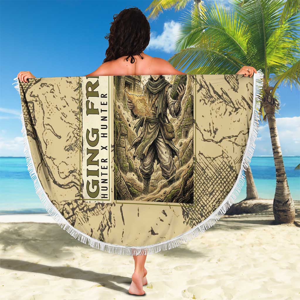 Ging Freecss Theme Desert Explorer Design Beach Blanket with Ancient Map Background and Adventure Card Artwork - The Mazicc