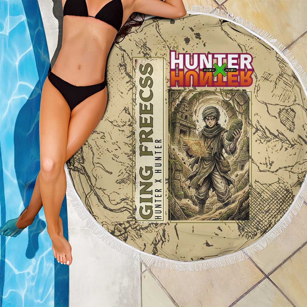 Ging Freecss Theme Desert Explorer Design Beach Blanket with Ancient Map Background and Adventure Card Artwork - The Mazicc