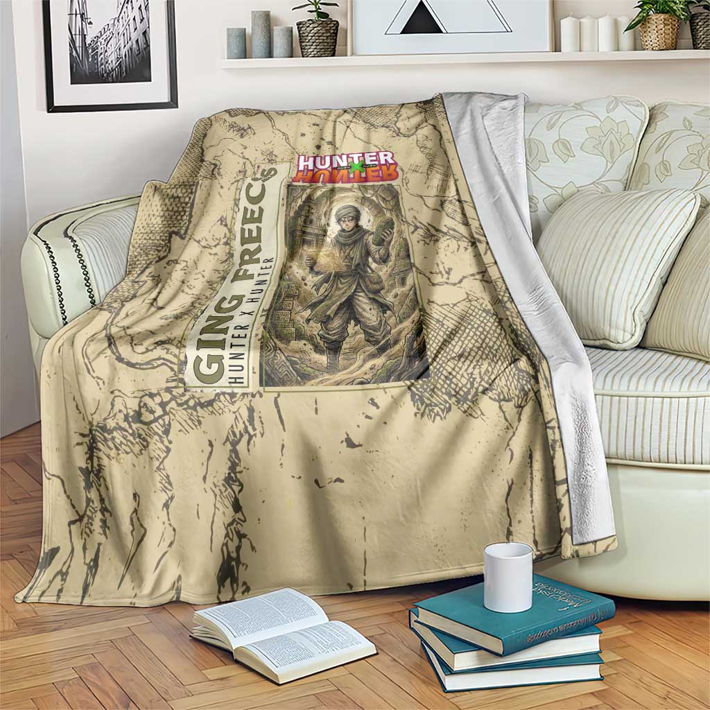 Ging Freecss Theme Desert Explorer Design Blanket with Ancient Map Background and Adventure Card Artwork - The Mazicc