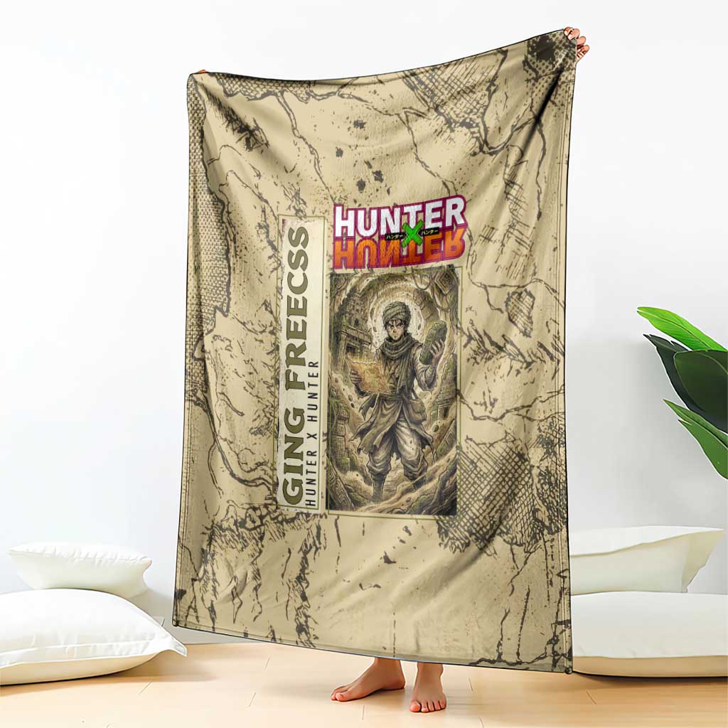 Ging Freecss Theme Desert Explorer Design Blanket with Ancient Map Background and Adventure Card Artwork - The Mazicc