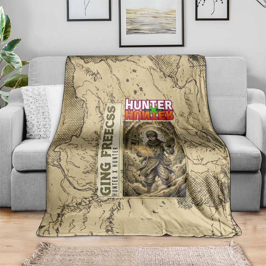 Ging Freecss Theme Desert Explorer Design Blanket with Ancient Map Background and Adventure Card Artwork - The Mazicc