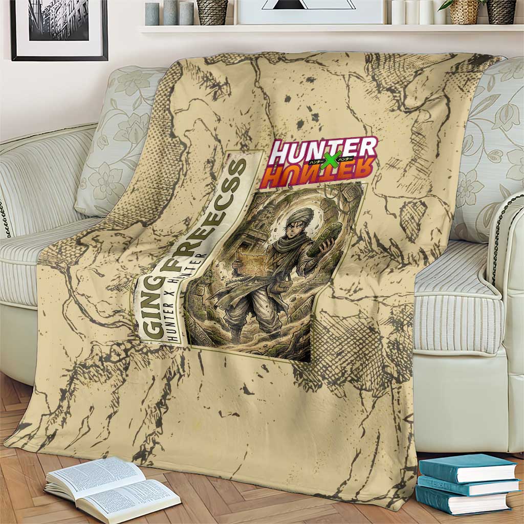 Ging Freecss Theme Desert Explorer Design Blanket with Ancient Map Background and Adventure Card Artwork - The Mazicc