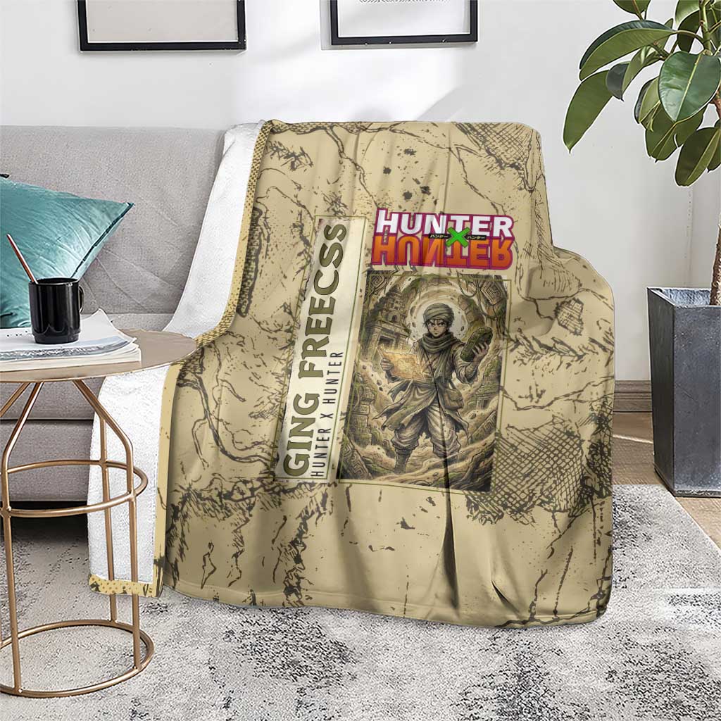Ging Freecss Theme Desert Explorer Design Blanket with Ancient Map Background and Adventure Card Artwork - The Mazicc