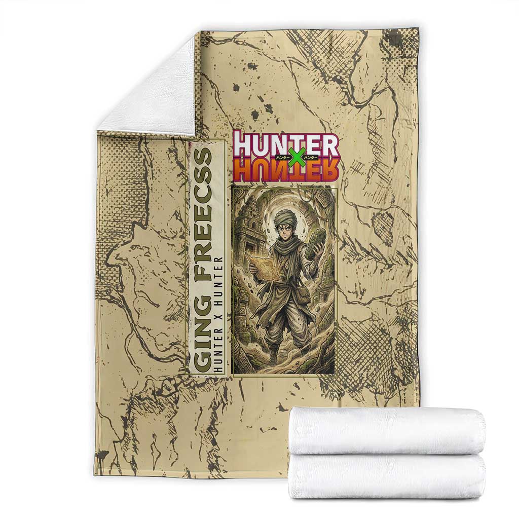 Ging Freecss Theme Desert Explorer Design Blanket with Ancient Map Background and Adventure Card Artwork - The Mazicc
