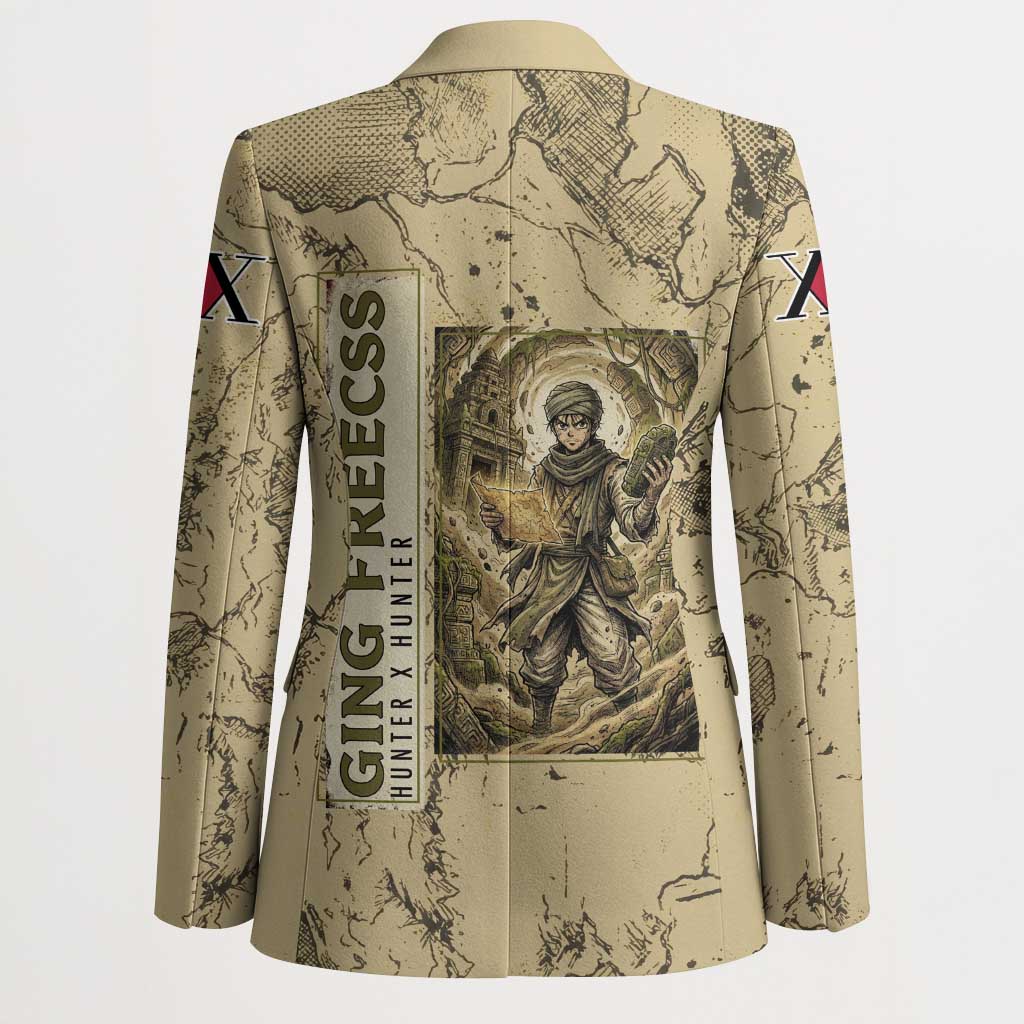 Ging Freecss Theme Desert Explorer Design Blazer with Ancient Map Background and Adventure Card Artwork - The Mazicc