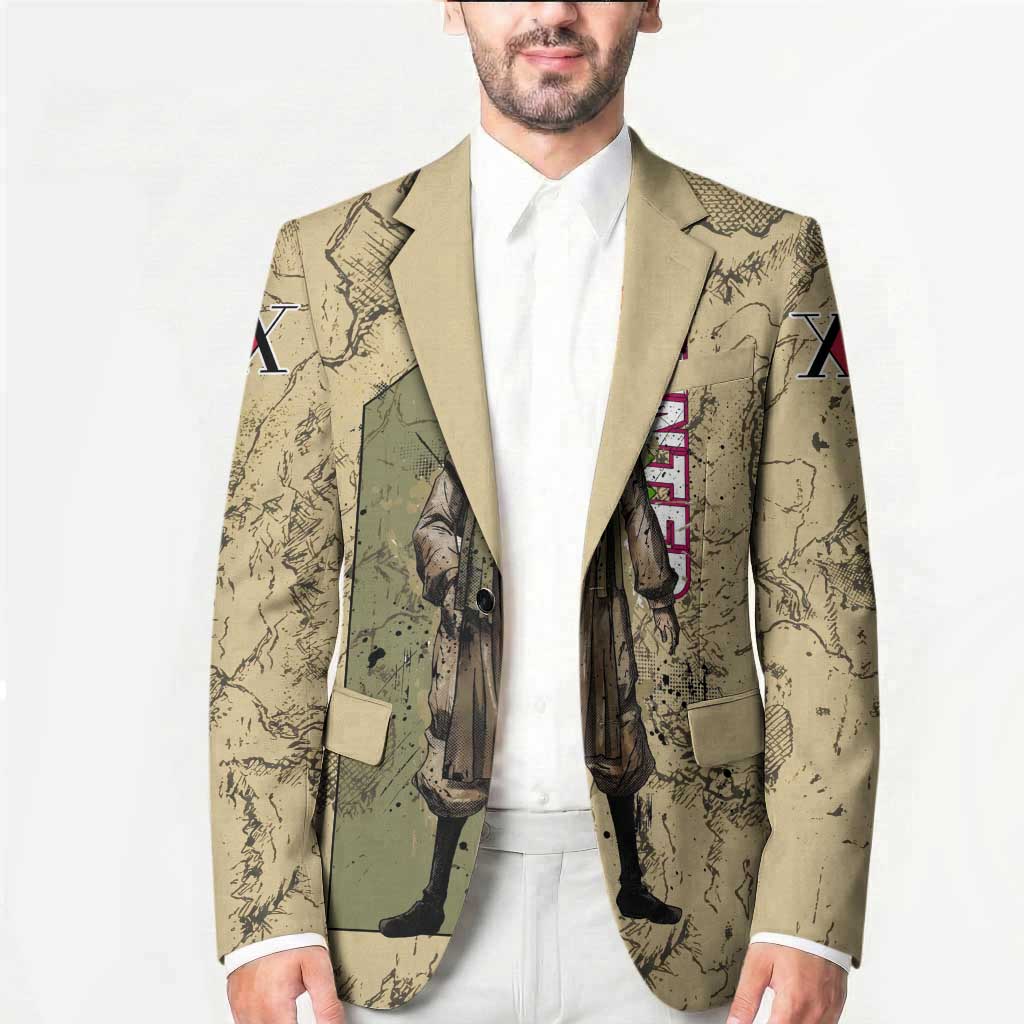 Ging Freecss Theme Desert Explorer Design Blazer with Ancient Map Background and Adventure Card Artwork - The Mazicc