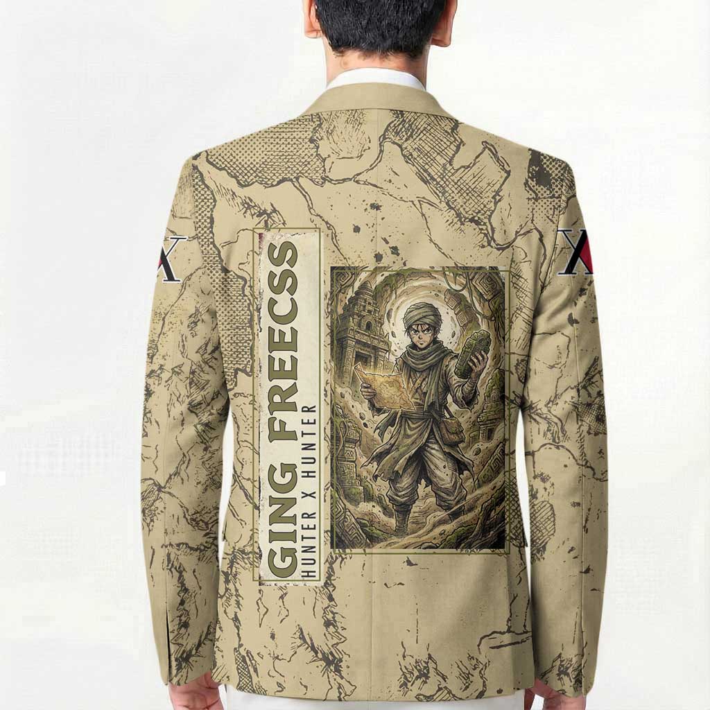 Ging Freecss Theme Desert Explorer Design Blazer with Ancient Map Background and Adventure Card Artwork - The Mazicc