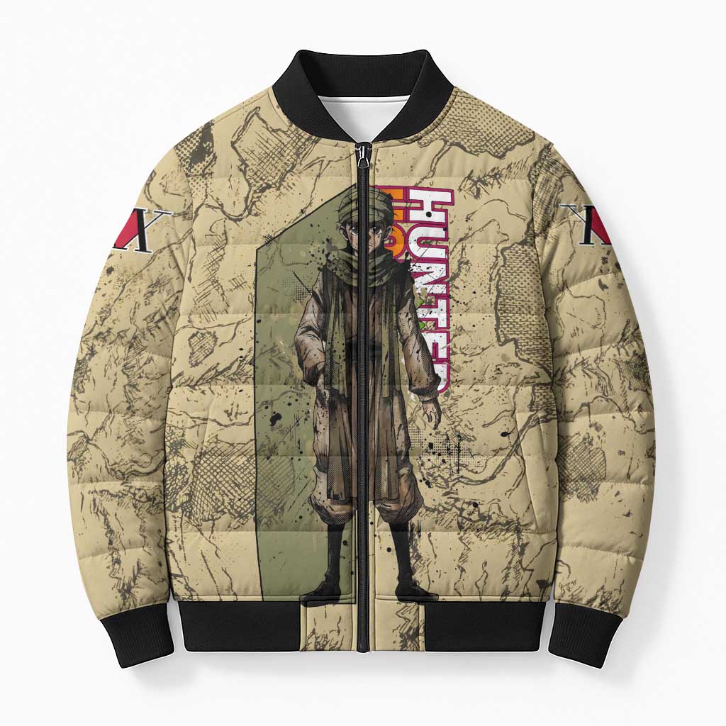 Ging Freecss Theme Desert Explorer Design Bomber Puffer Jacket with Ancient Map Background and Adventure Card Artwork - The Mazicc