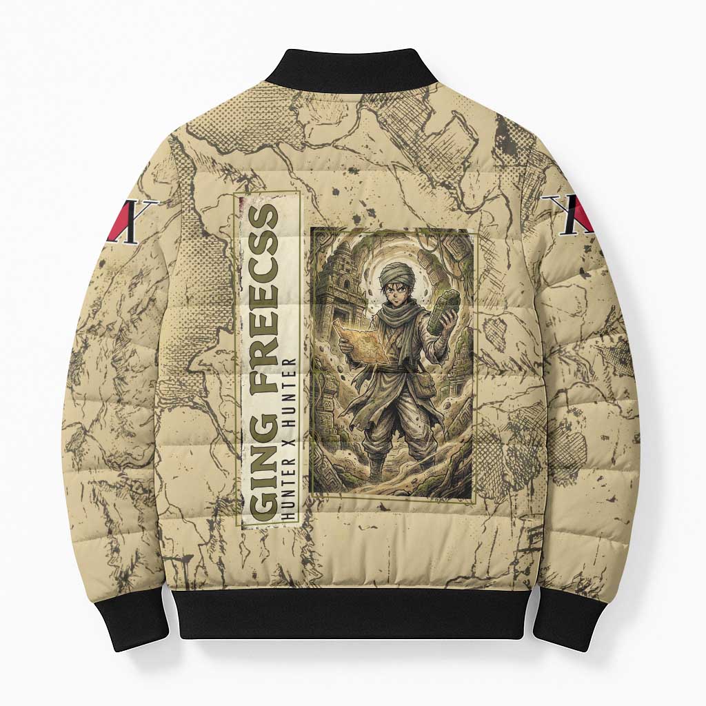 Ging Freecss Theme Desert Explorer Design Bomber Puffer Jacket with Ancient Map Background and Adventure Card Artwork - The Mazicc