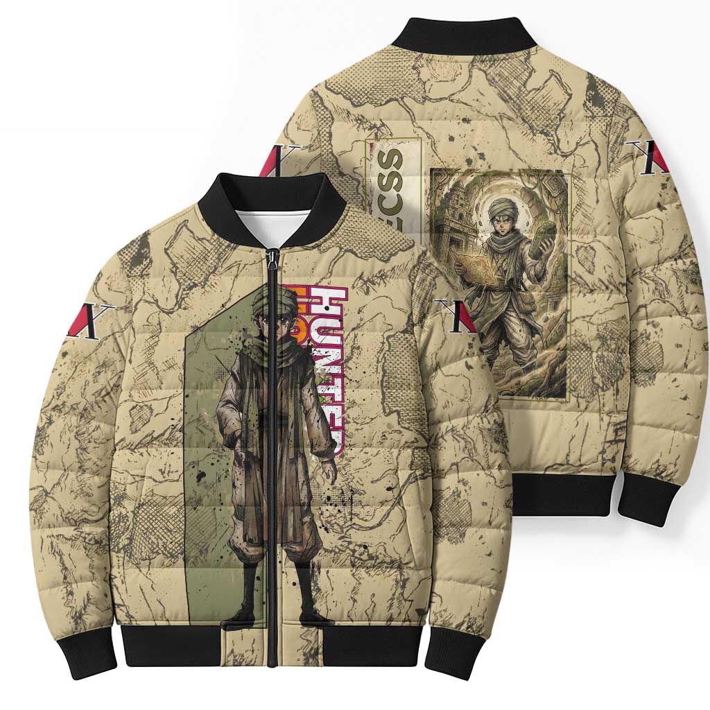 Ging Freecss Theme Desert Explorer Design Bomber Puffer Jacket with Ancient Map Background and Adventure Card Artwork - The Mazicc