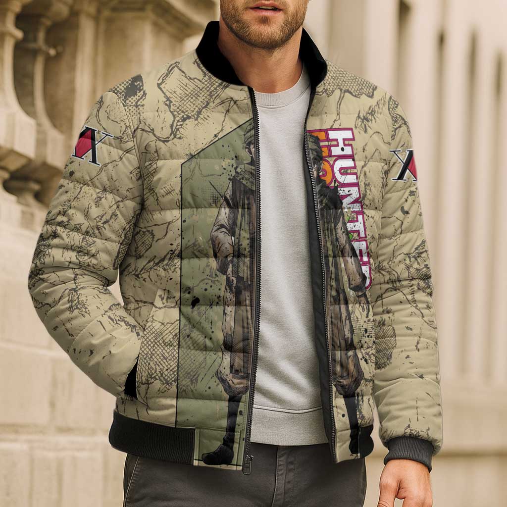 Ging Freecss Theme Desert Explorer Design Bomber Puffer Jacket with Ancient Map Background and Adventure Card Artwork - The Mazicc