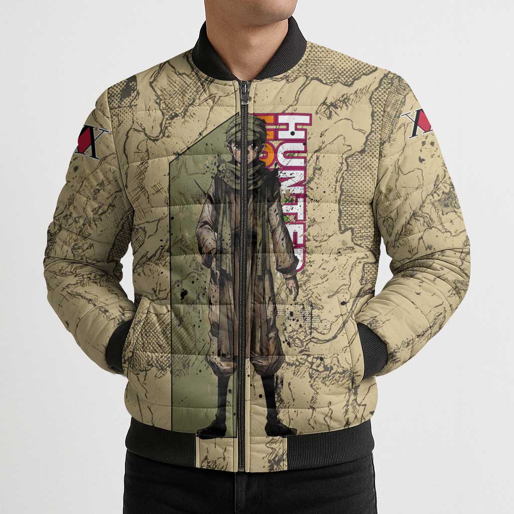 Ging Freecss Theme Desert Explorer Design Bomber Puffer Jacket with Ancient Map Background and Adventure Card Artwork - The Mazicc