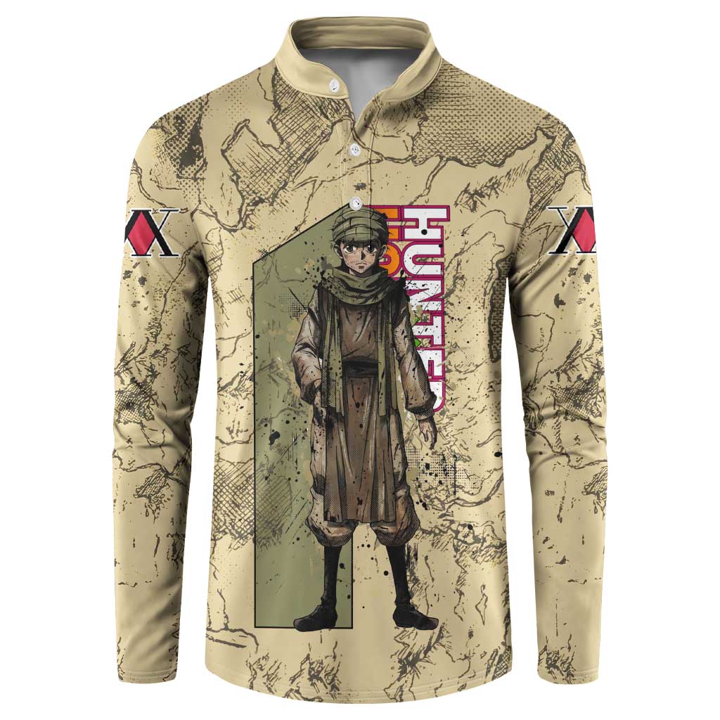 Ging Freecss Theme Desert Explorer Design Button Sweatshirt with Ancient Map Background and Adventure Card Artwork - The Mazicc
