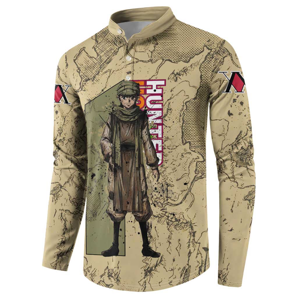 Ging Freecss Theme Desert Explorer Design Button Sweatshirt with Ancient Map Background and Adventure Card Artwork - The Mazicc