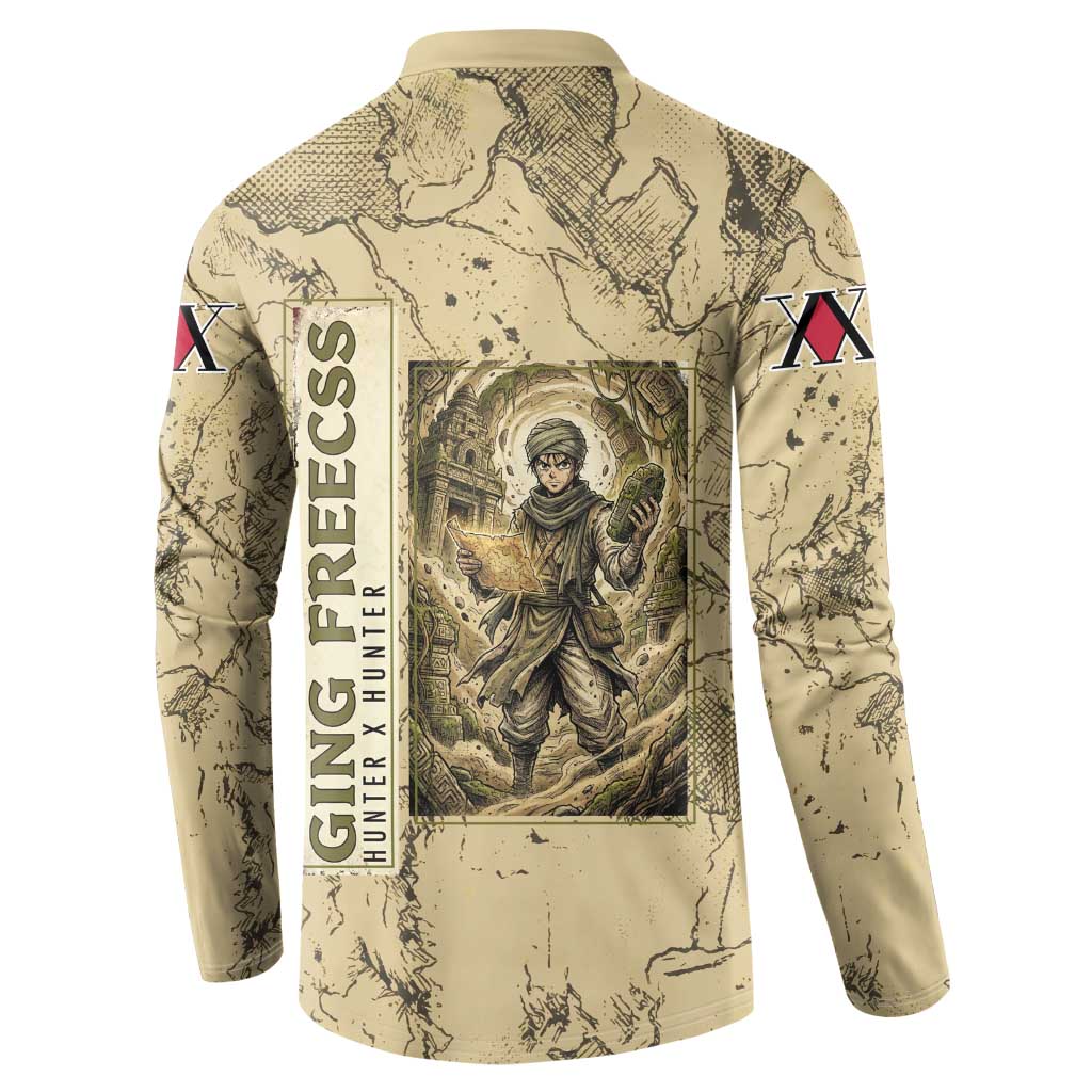 Ging Freecss Theme Desert Explorer Design Button Sweatshirt with Ancient Map Background and Adventure Card Artwork - The Mazicc