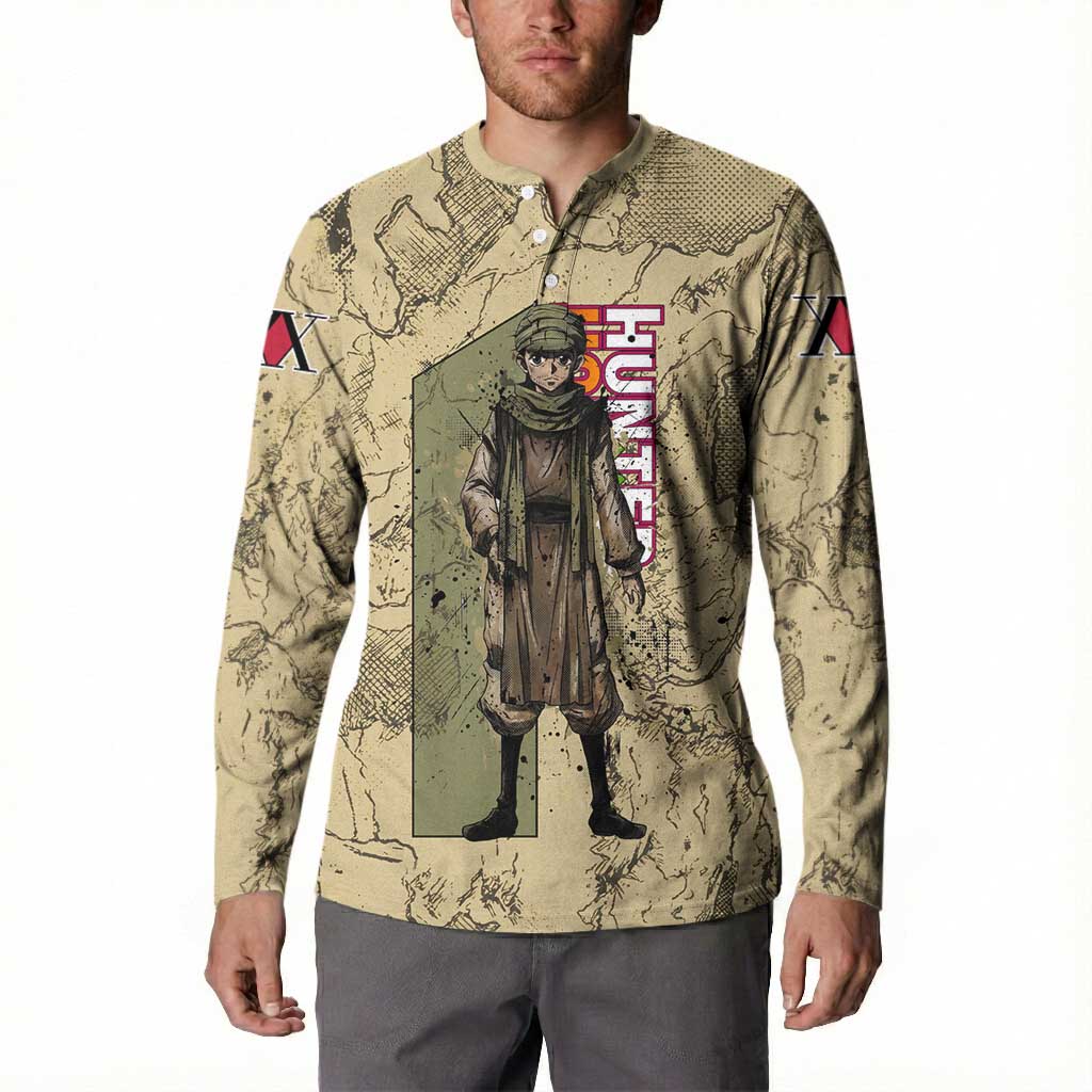 Ging Freecss Theme Desert Explorer Design Button Sweatshirt with Ancient Map Background and Adventure Card Artwork - The Mazicc