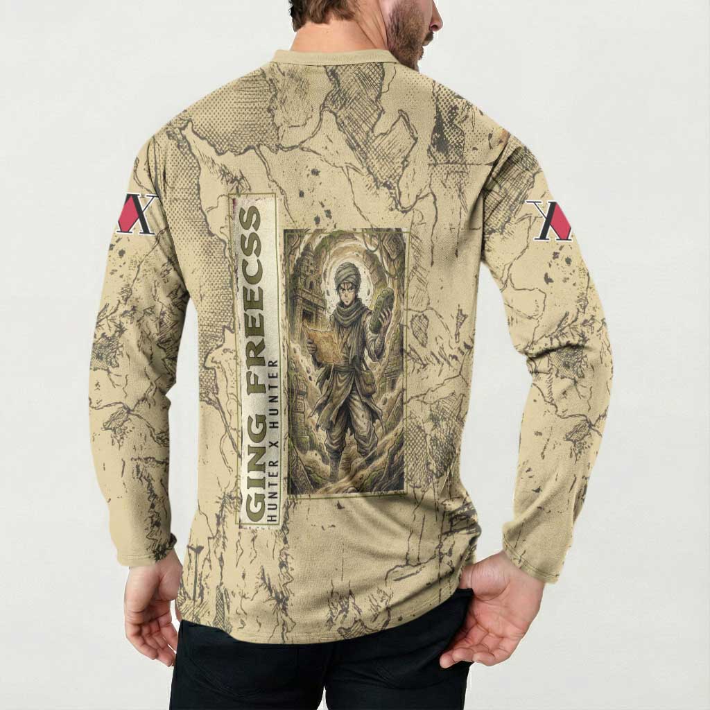 Ging Freecss Theme Desert Explorer Design Button Sweatshirt with Ancient Map Background and Adventure Card Artwork - The Mazicc