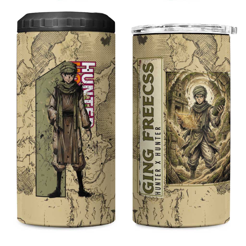 Ging Freecss Theme Desert Explorer Design 4 in 1 Can Cooler Tumbler with Ancient Map Background and Adventure Card Artwork - The Mazicc