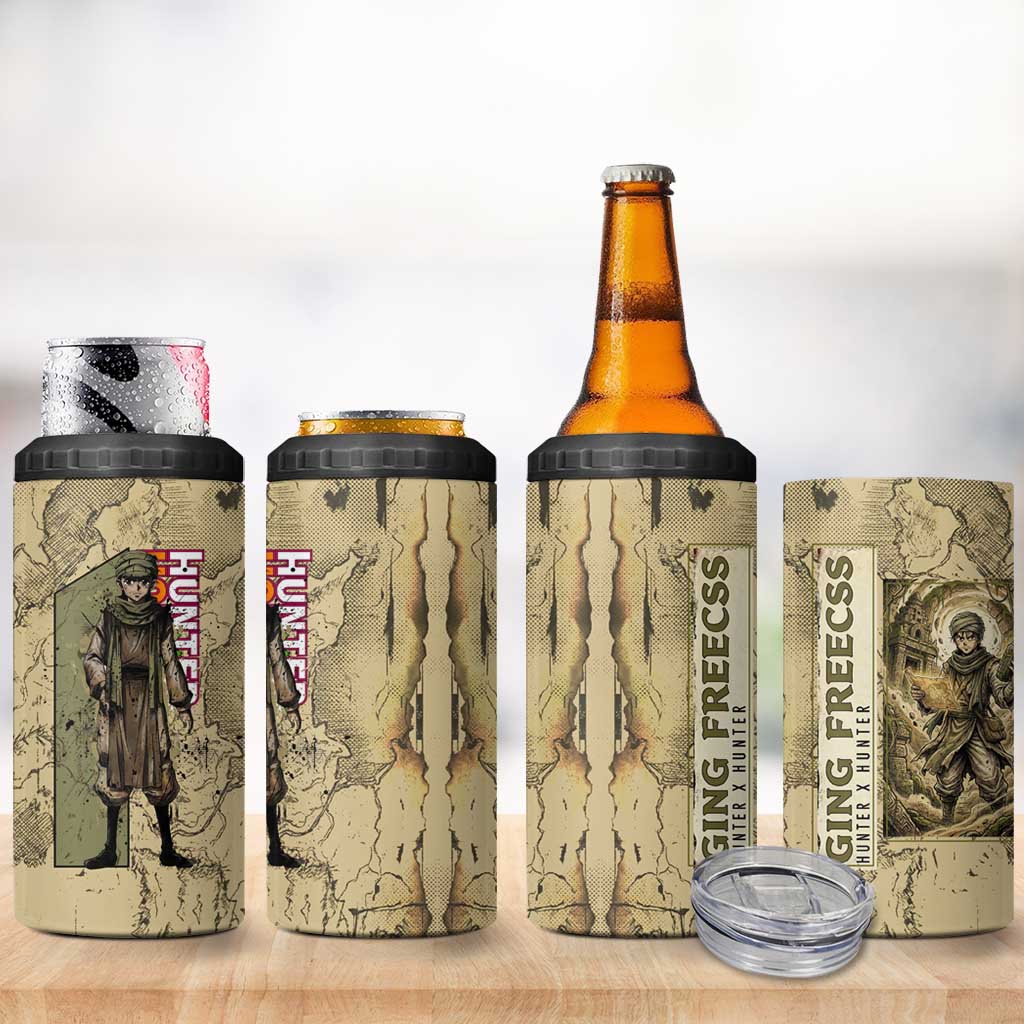 Ging Freecss Theme Desert Explorer Design 4 in 1 Can Cooler Tumbler with Ancient Map Background and Adventure Card Artwork - The Mazicc
