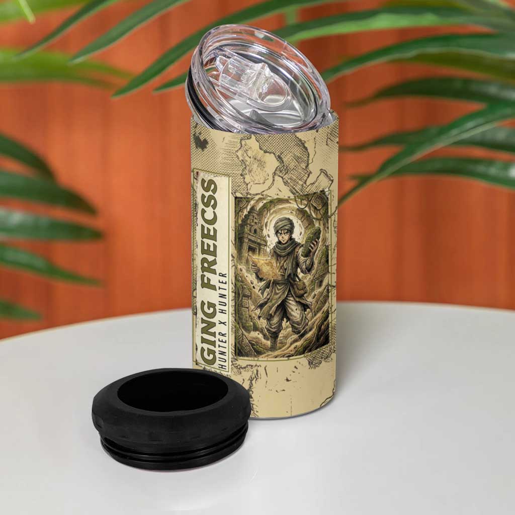 Ging Freecss Theme Desert Explorer Design 4 in 1 Can Cooler Tumbler with Ancient Map Background and Adventure Card Artwork - The Mazicc