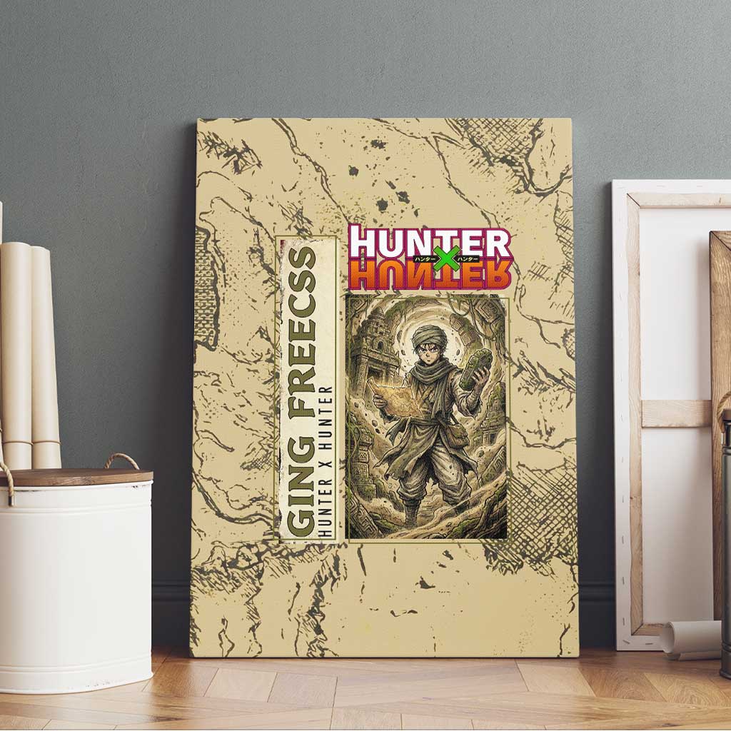 Ging Freecss Theme Desert Explorer Design Canvas Wall Art with Ancient Map Background and Adventure Card Artwork - The Mazicc