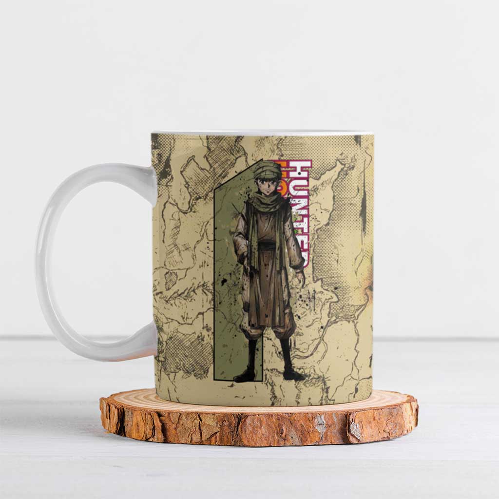 Ging Freecss Theme Desert Explorer Design Ceramic Mug with Ancient Map Background and Adventure Card Artwork - The Mazicc