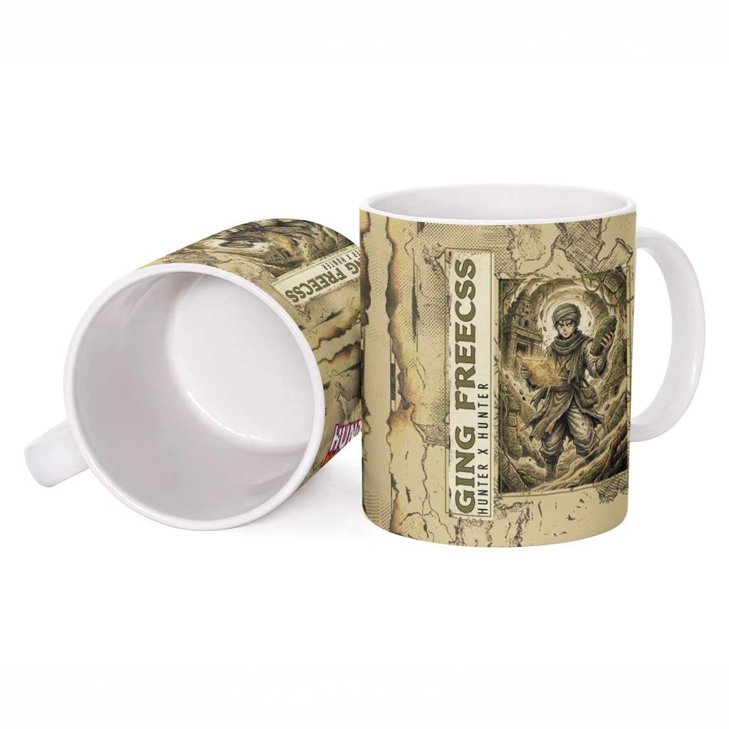 Ging Freecss Theme Desert Explorer Design Ceramic Mug with Ancient Map Background and Adventure Card Artwork - The Mazicc