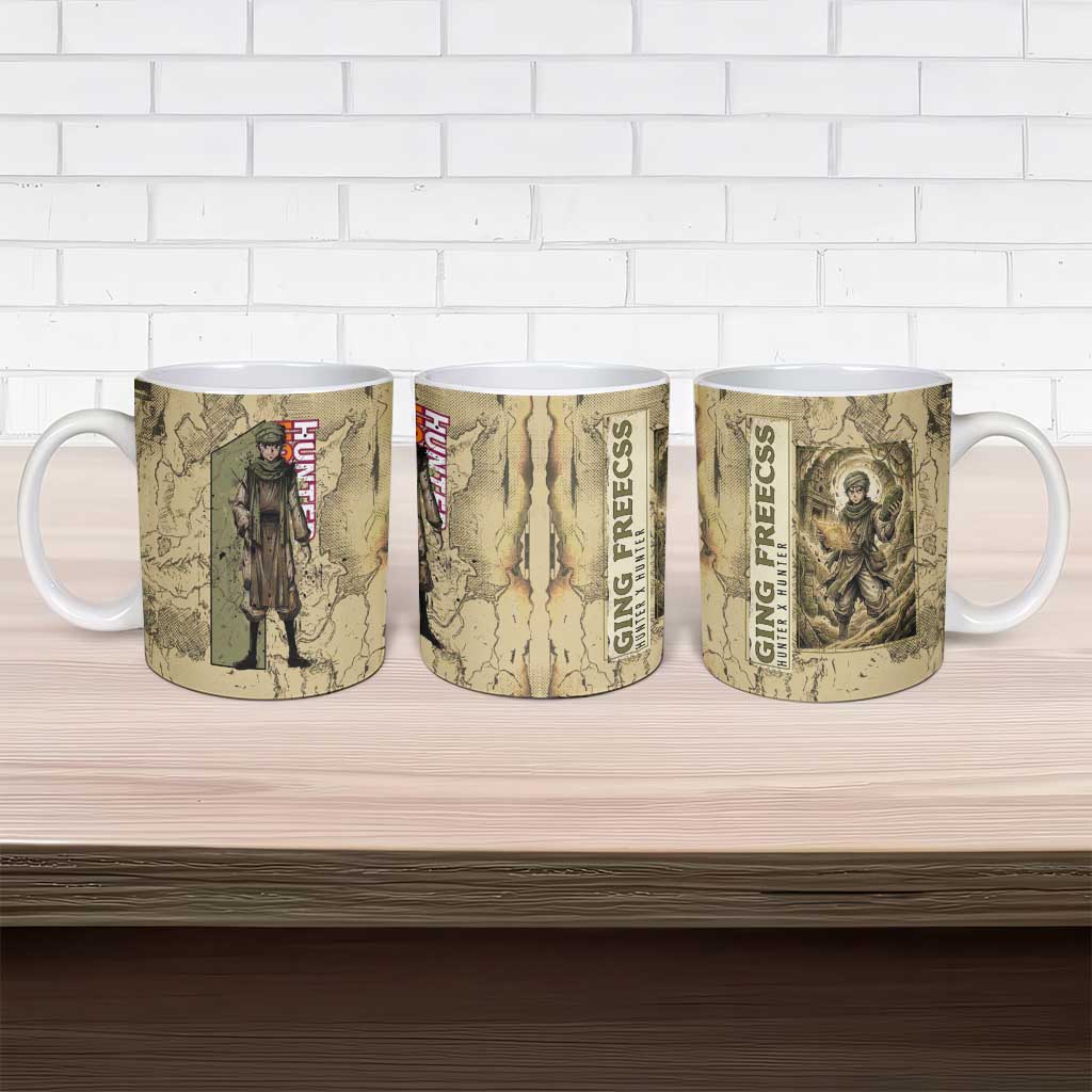 Ging Freecss Theme Desert Explorer Design Ceramic Mug with Ancient Map Background and Adventure Card Artwork - The Mazicc