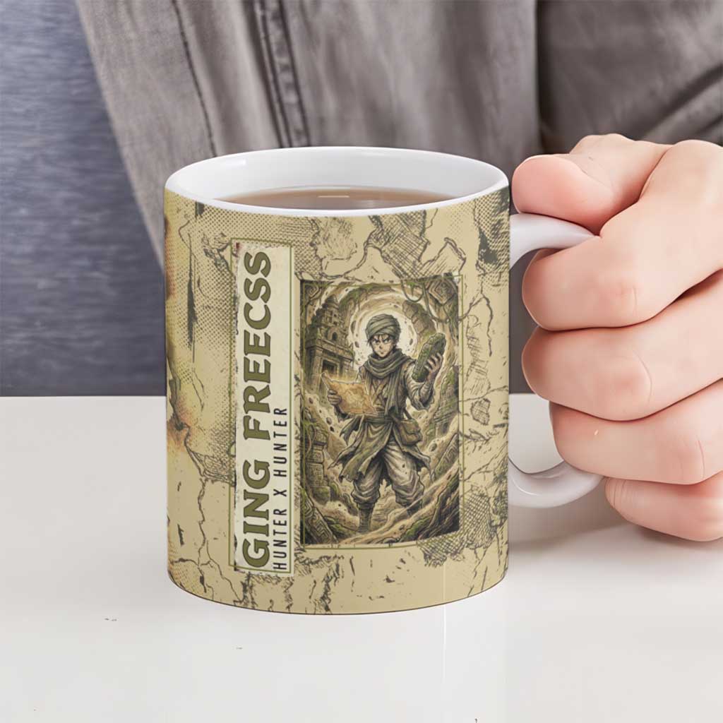 Ging Freecss Theme Desert Explorer Design Ceramic Mug with Ancient Map Background and Adventure Card Artwork - The Mazicc