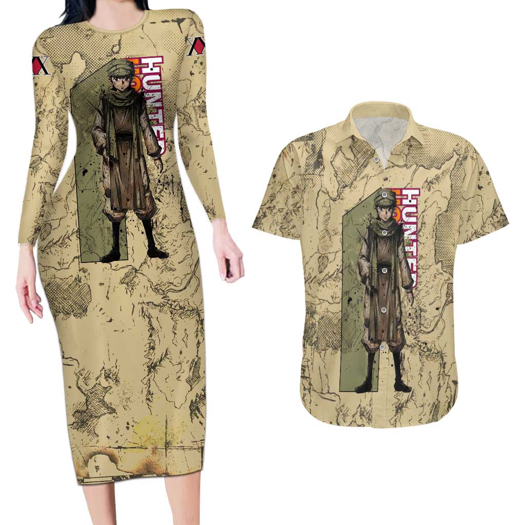 Ging Freecss Theme Desert Explorer Design Couples Matching Long Sleeve Bodycon Dress and Hawaiian Shirt with Ancient Map Background and Adventure Card Artwork - The Mazicc