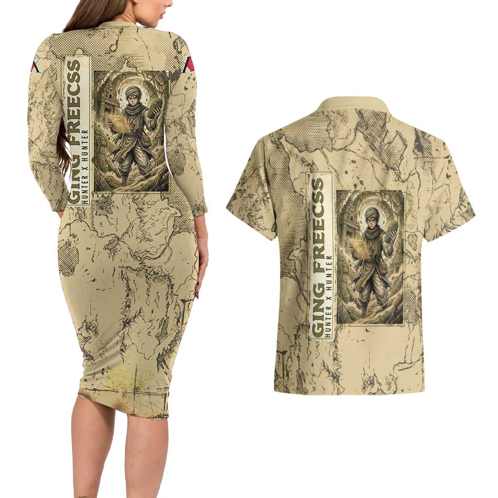 Ging Freecss Theme Desert Explorer Design Couples Matching Long Sleeve Bodycon Dress and Hawaiian Shirt with Ancient Map Background and Adventure Card Artwork - The Mazicc