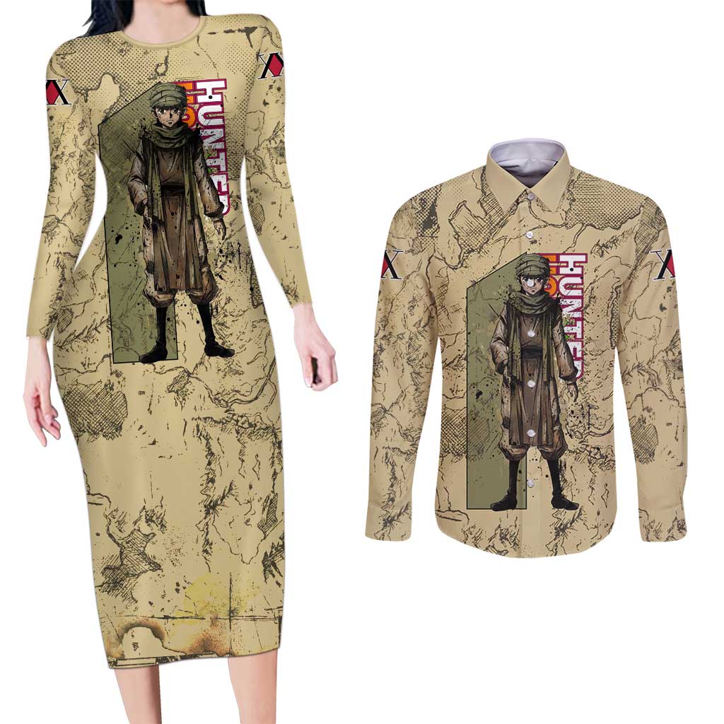 Ging Freecss Theme Desert Explorer Design Couples Matching Long Sleeve Bodycon Dress and Long Sleeve Button Shirt with Ancient Map Background and Adventure Card Artwork - The Mazicc