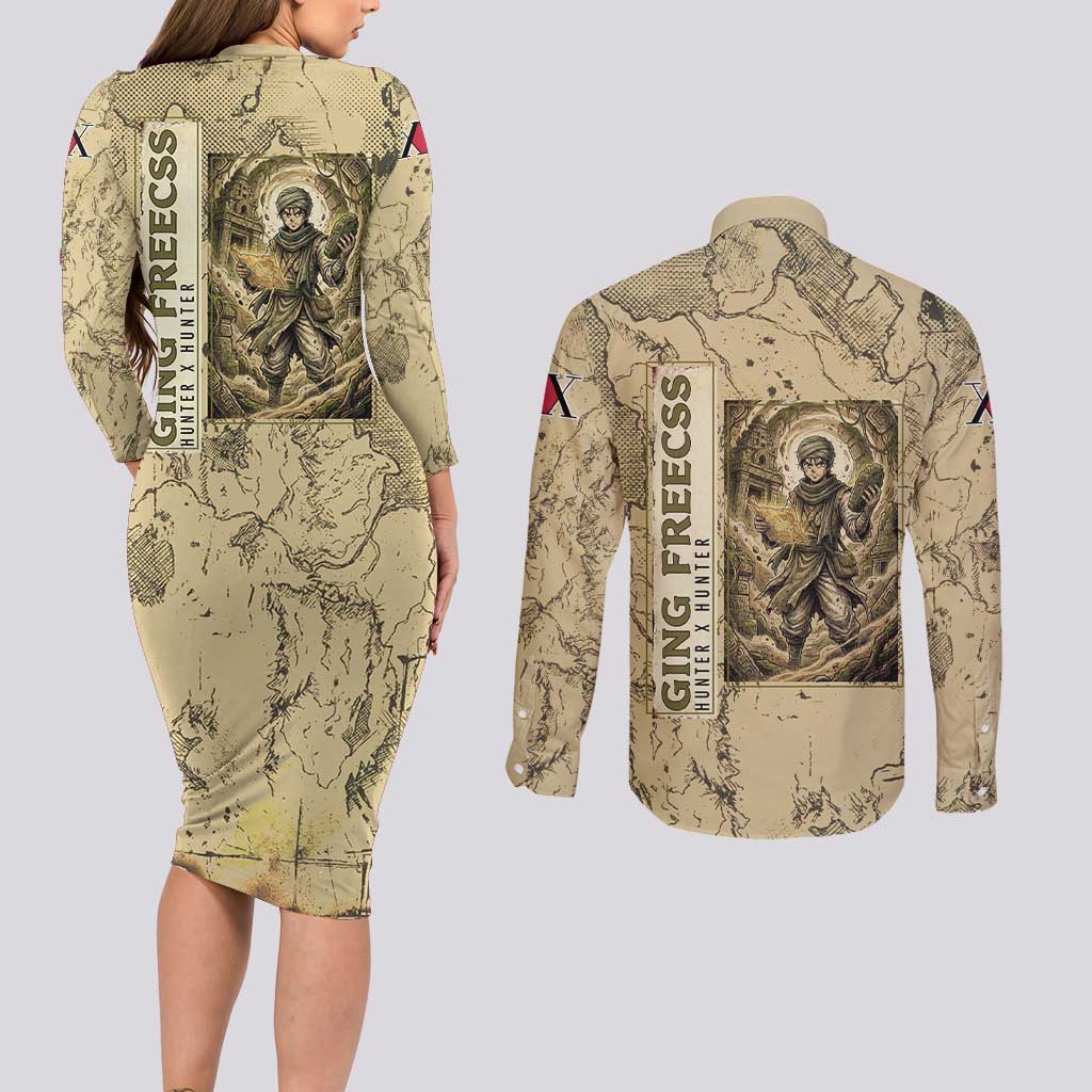 Ging Freecss Theme Desert Explorer Design Couples Matching Long Sleeve Bodycon Dress and Long Sleeve Button Shirt with Ancient Map Background and Adventure Card Artwork - The Mazicc