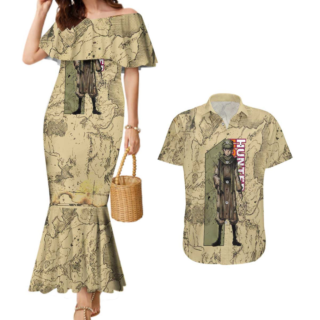 Ging Freecss Theme Desert Explorer Design Couples Matching Mermaid Dress and Hawaiian Shirt with Ancient Map Background and Adventure Card Artwork - The Mazicc