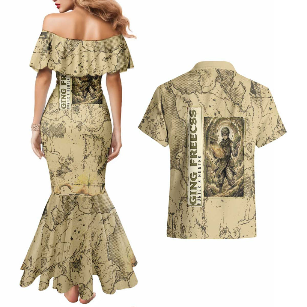Ging Freecss Theme Desert Explorer Design Couples Matching Mermaid Dress and Hawaiian Shirt with Ancient Map Background and Adventure Card Artwork - The Mazicc
