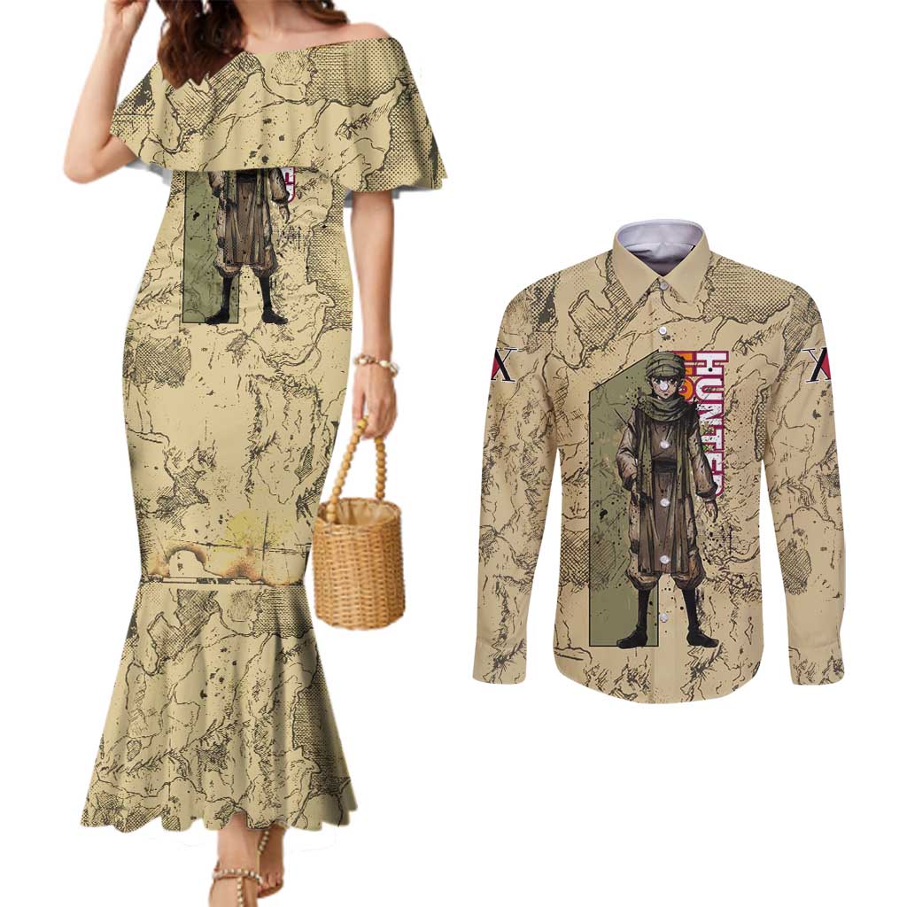 Ging Freecss Theme Desert Explorer Design Couples Matching Mermaid Dress and Long Sleeve Button Shirt with Ancient Map Background and Adventure Card Artwork - The Mazicc