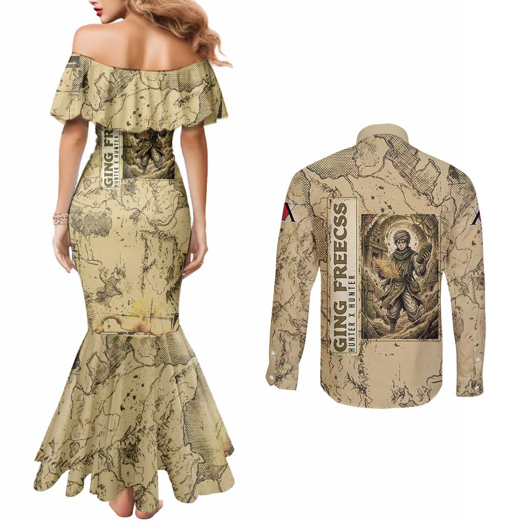 Ging Freecss Theme Desert Explorer Design Couples Matching Mermaid Dress and Long Sleeve Button Shirt with Ancient Map Background and Adventure Card Artwork - The Mazicc